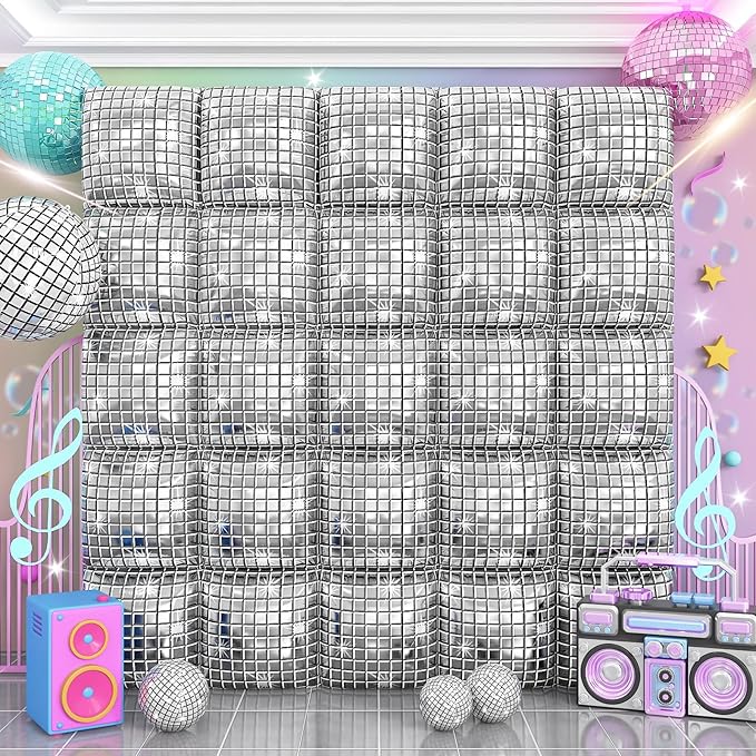 Silver Square Foil Balloon Wall,25Pcs Double Sided Balloons Backdrop Helium Polyester Balloon Tunnel Arch Garland Kit for Disco Party Birthday Bridal Anniversary Baby Shower Party Decorations