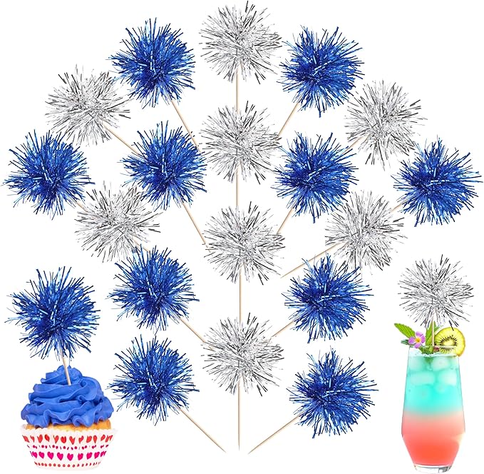 40 PCS Foil Firework Cupcake Toppers Sparkle Tinsel Cupcake Picks Fireworks Birthday Party Decorations Cocktail Fruit Toothpick for Birthday Wedding Graduation Party Decorations Supplies Silver Blue