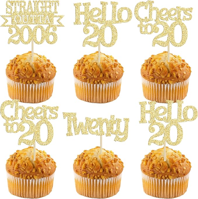 Ephlyn 24Pcs Happy 20th Birthday Cupcake Toppers Glitter Straight Outta 2006 Cupcake Picks Hello 20 Cheers to 20 Years Cake Decorations for 20th Birthday Anniversary Party Decorations Supplies Gold