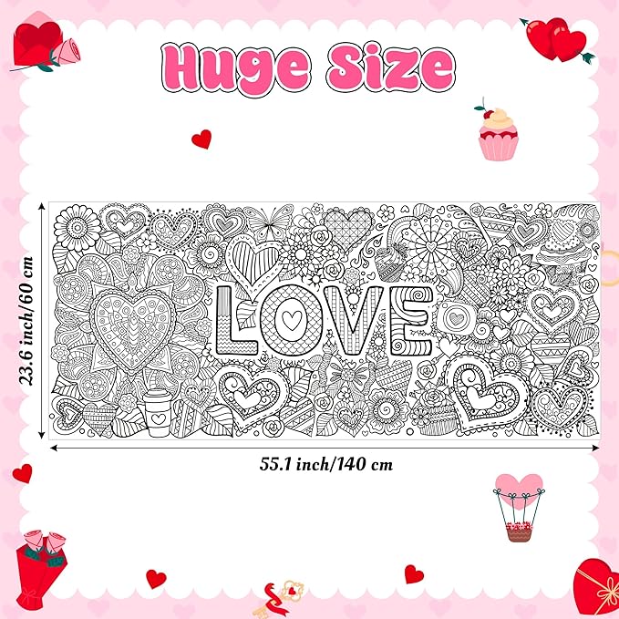 Jumbo LOVE Mandala Coloring Poster - Valentine’s Day Heart Flower DIY Drawing Color-in Paper Blank Art Banner 55.1 x 23.6 Inch Wall Decor, Home Classroom Activity for Kids Party Supplies