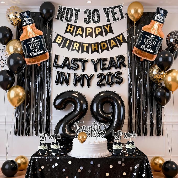 Last Year In my 20S Birthday Party Supplies for Men 29th Birthday Decorations include Balloon Banner Not 30 Yet Glitter Banner Cake Topper Cupcake Toppers Tablecloths(black and gold)