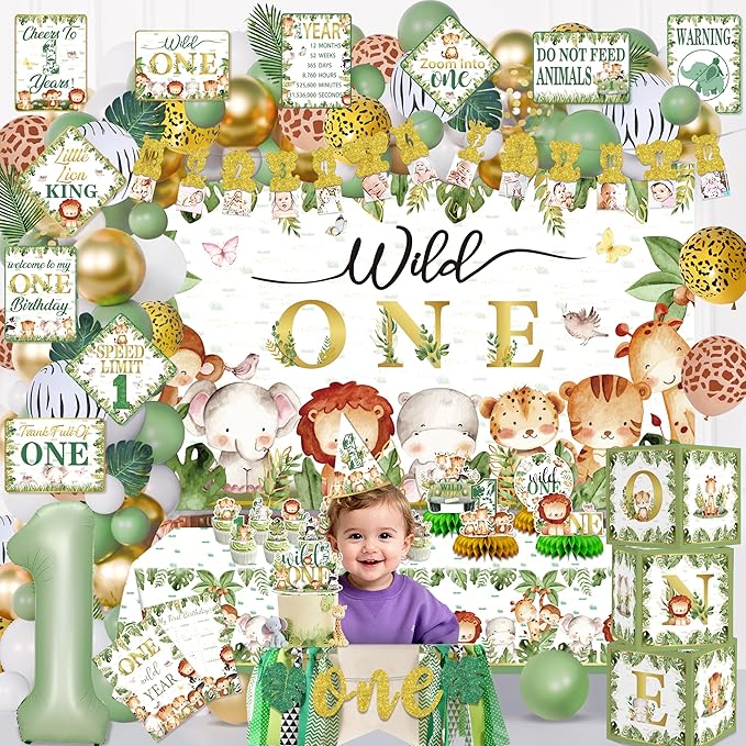 Mpanwen Wild One Birthday Decorations for Boys, 132 Pcs First Safari Jungle Theme Party supplies for 1st Boy Baby - Backdrop, Tablecloth, Palm Leaves, Centerpieces, Crown, Poster, Wall Signs, Blocks