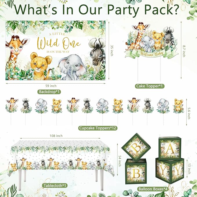 Safari First Birthday Decorations for Boy - 116 Pcs Wild One Birthday Decorations Jungle Theme Party Supplies with Balloon Arch Kit, Wild One Backdrop, Tablecloth and Baby Boxes (Green)