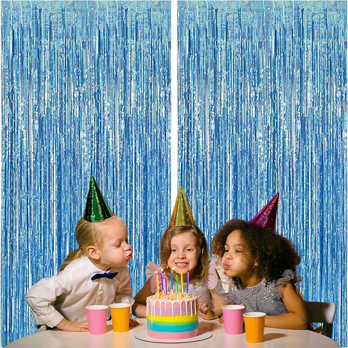 2 Pack Blue Foil Fringe Curtains, 3.3x6.6 Ft Metallic Tinsel Backdrop Party Decorations Door Blue Streamers for Birthday Wedding Engagement Decor,Photo Booth Props, Party Supplies