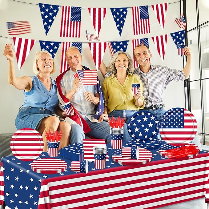 142Pcs American Flag Party Decorations Memorial Day 4th of July Patriotic Tableware Disposable Banner,Tablecloth,Plates,Napkins,Cups,Forks and Knives for Independence Day Party Supplies ,Serve 20