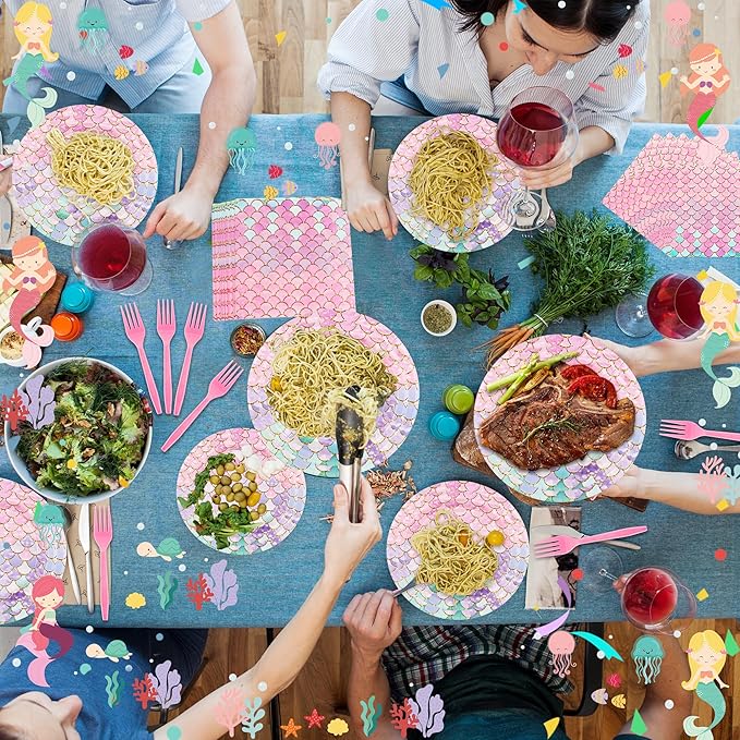 CANREVEL 96 PCS Mermaid Party Plates & Napkins Set, Serve 24, Disposable Tableware for Mermaid Party Supplies Decorations for Girl Kid Women Adult