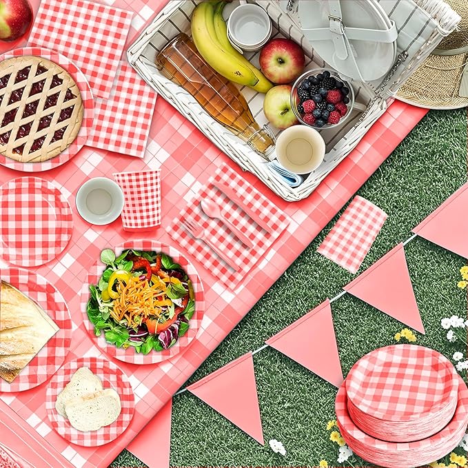 180Pcs Red Gingham Party Supplies Paper Plates and Napkins Serve 60 Disposable Tableware Set for Birthday Party Decorations Game Day Family Holiday Sports Events