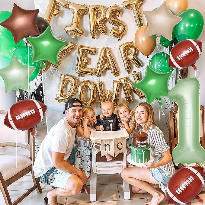 First Year Down Birthday Party Decorations, 8 Pcs 1st Birthday Decorations for Boy with 40" Green One Balloon for First B-day Football Foil Helium Balloons 1st Boy Party Supplies