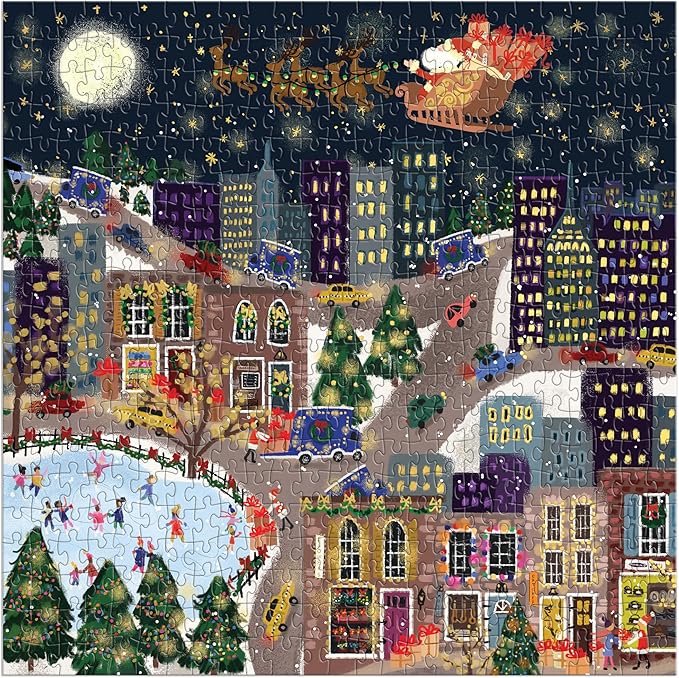 Galison Presentville 500 Piece Holiday Foil Puzzle Featuring Beautiful Artwork of A Cozy and Festive City Scene by Joy Laforme