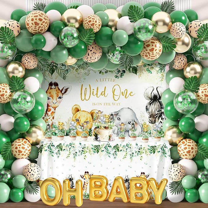 Safari First Birthday Decorations for Boy - 116 Pcs Wild One Birthday Decorations Jungle Theme Party Supplies with Balloon Arch Kit, Wild One Backdrop, Tablecloth and Baby Boxes (Green)
