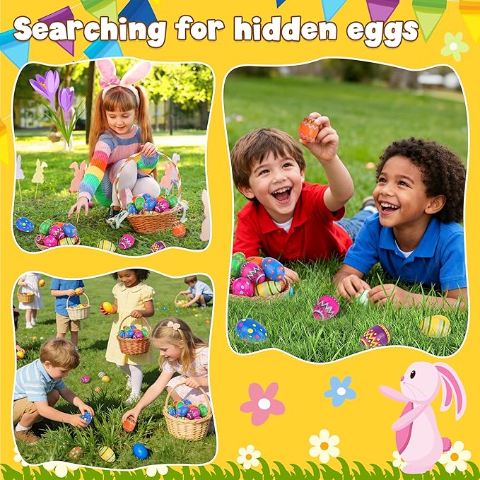 24 Pack Plastic Printed Easter Eggs, 2.4 Inch Fillable Empty Eggs Bulks for Easter Eggs Hunt, Easter Basket Stuffers Fillers, Classroom Prize Supplies, Filling Treats and Party Favors