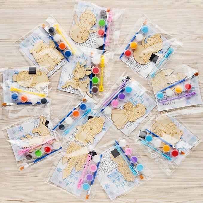 Frozen Party Favors – 12 PCS DIY Winter Wooden Painting Crafts with Bubble Wands - Frozen Birthday Party Supplies, Decorations, Goodie Bag Fillers