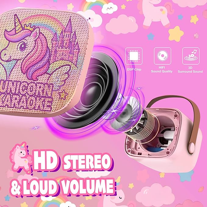 Unicorn Toys for Girls Age 4-6 Mini Karaoke Machine for Girls Unicorn Birthday Decorations Toys 3 4 5 6 7 8 9 Year Old Girl Birthday Gifts with 2 Wireless Microphones