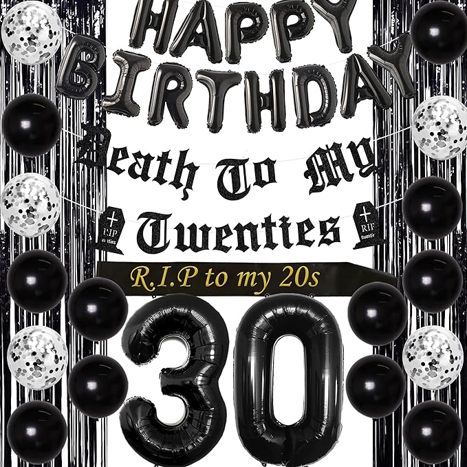 Funmemoir 30th Birthday Decorations for Him Her Black Death to My Twenties Banner Rip to My 20s Sash Number 30 Happy Birthday Balloon Banner Foil Curtain for Funny Thirtieth Party Supplies