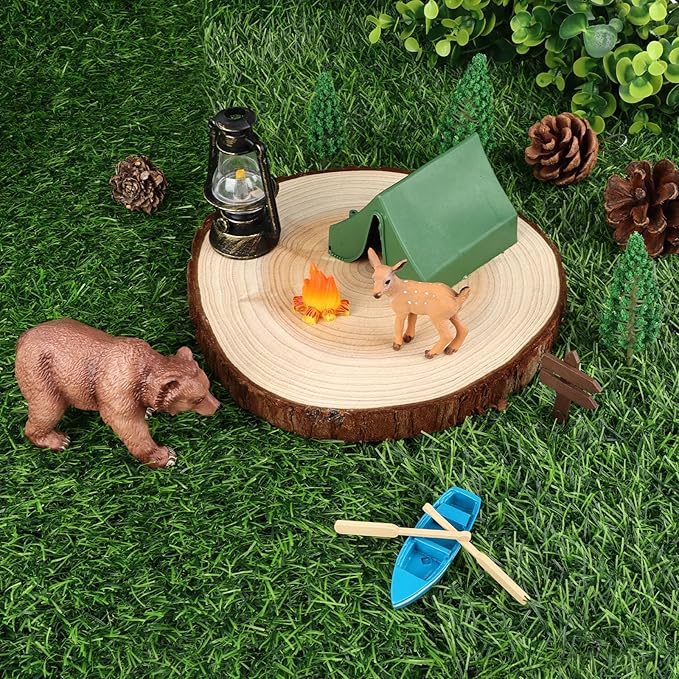 Hooqict 12 Pcs Camping Cake Decorations Set with Mini Tent, Campfire, Tree, Camp Sign, Safari Animals Camping Cake Toppers for Kids Adults Forest Themed Birthday Party Supplies