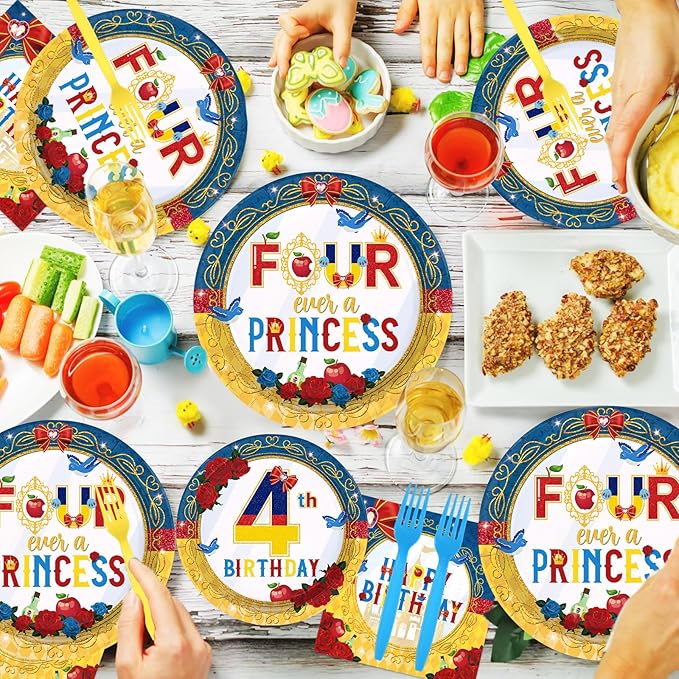 96 Pcs Snow Princess 4th Birthday Party Supplies Cartoon Snow Plates and Napkins Red Blue Yellow Tableware Set for Girls 4th Birthday Baby Shower Princess Theme Party Supplies, Serves 24