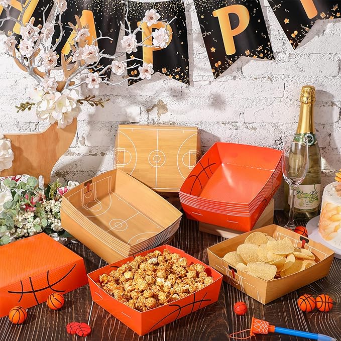 Teling 36 Pack Basketball Party Supplies Large 5 lb Basketball Plates Trays Paper Food Boats Disposable Nacho Serving Snack Trays Dinner Plates for Sport Themed Birthday Party Decorations Favors