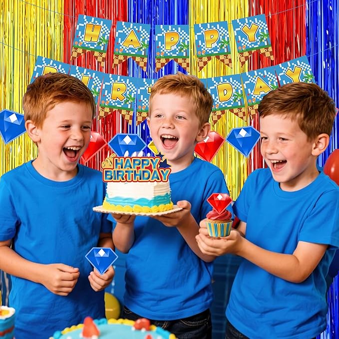 Cartoon Hedgehog Birthday Decorations for Boys,Blue Red Gold Fringe Curtains, Gold Circle Explosion Star Foil Balloon,Happy Birthday Banner
