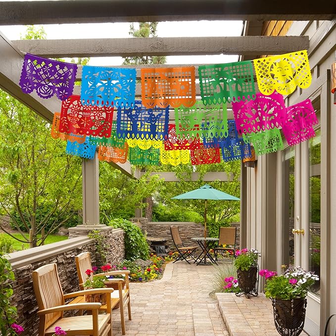 18 FT Cinco De Mayo Party Decorations, 1 Pack Fiesta Banner with 9 Plastic Papel Picado, Colorful Mexican Theme Party Flag Banner Dia De Los Muertos Day of the Dead Hanging Decor Home Party Supplies