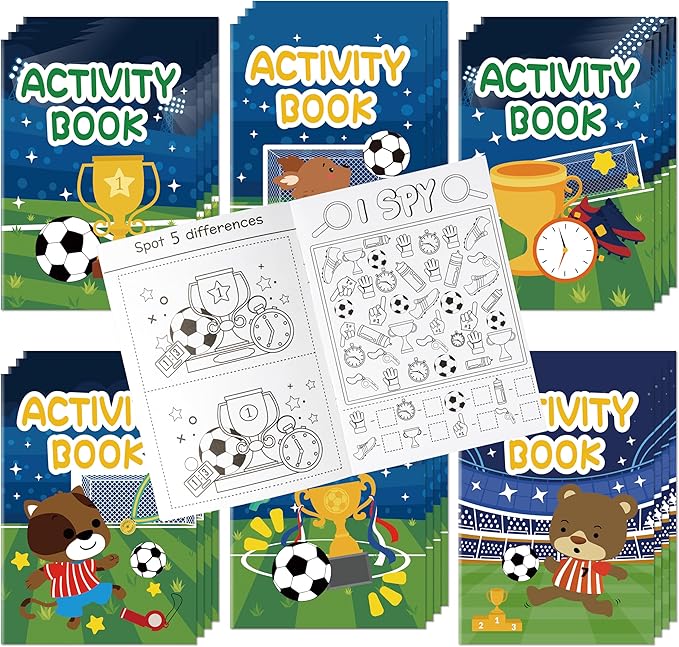 Dvbonike 24Pcs Soccer Activity Books for Kids - Football Mini Fun Games Coloring Book in Bulk Animals Sport Goal Party Favors Goodie Bags Stuffers for Birthday Classroom School Rewards Supplies