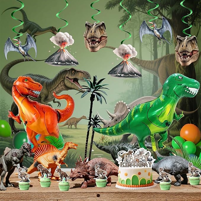 Happy Birthday Decorations For Women Men,Birthday Backdrop,Banner Balloons,Table Cloth,Paper pom poms Party Supplies for Girls Boys (Dinosaur)