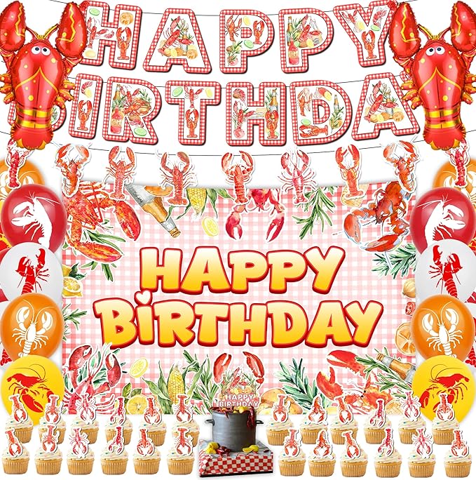 46Pcs Crawfish Boil Party Supplies Include Banner-Backdrop-Balloons-Cake Topper-Cupcake Toppers-Aluminum Film Balloons for Lobster Party Decorations