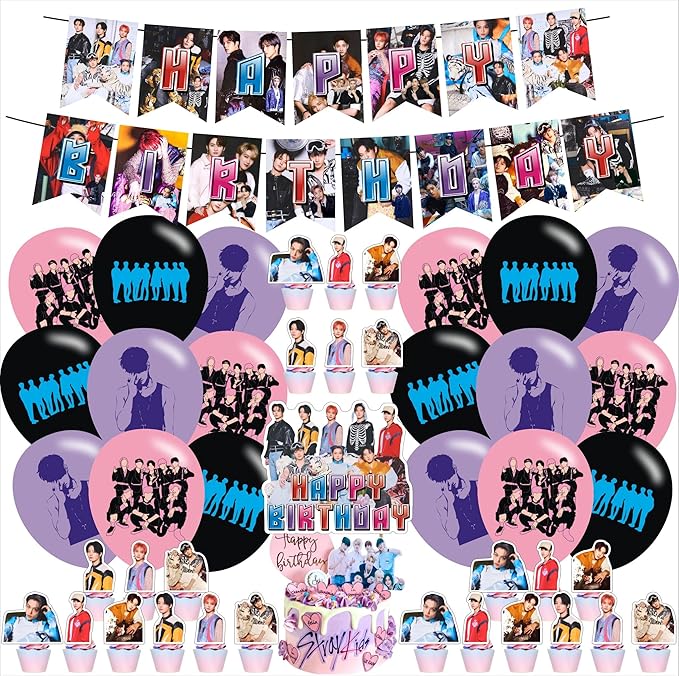 Stray Kids Merch 5 Star Birthday Party Decoration, Include Stray Kids Theme Party Banner, Cake Topper, Latex Balloons for Adult Fans Music Birthday Party