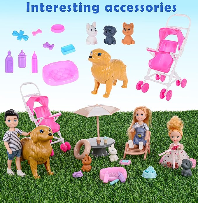 Dolls Family Playset with Baby Stroller Set- 6 People, Pets & Accessories for 3-12 Years Old | Toddler Gift with Pregnant Mom, Dad, 3 Kids, Dogs, and Interactive Play