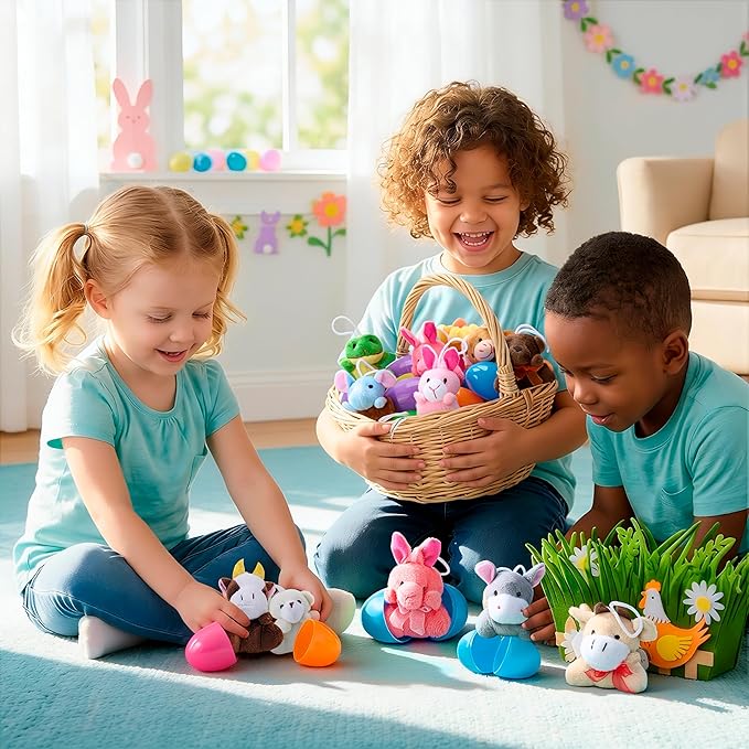JOYIN 12 Pcs Prefilled Easter Eggs with Plush Toys, Plastic Eggs Filled with Mini Stuffed Plush Toys, Basket Stuffers for Toddlers, Easter Egg Hunt, Party Favors, Classroom Prizes for Kids