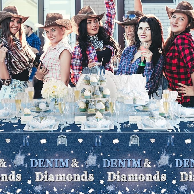 K1tpde Denim & Diamonds Party Tablecloth - 3PCS Denim Themed Blue Jacket Jeans Plastic Tablecloth, Disposable Jeans Tablecover for Adult, Crystal Birthday Party Supplies for Bachelorette Wedding Decor