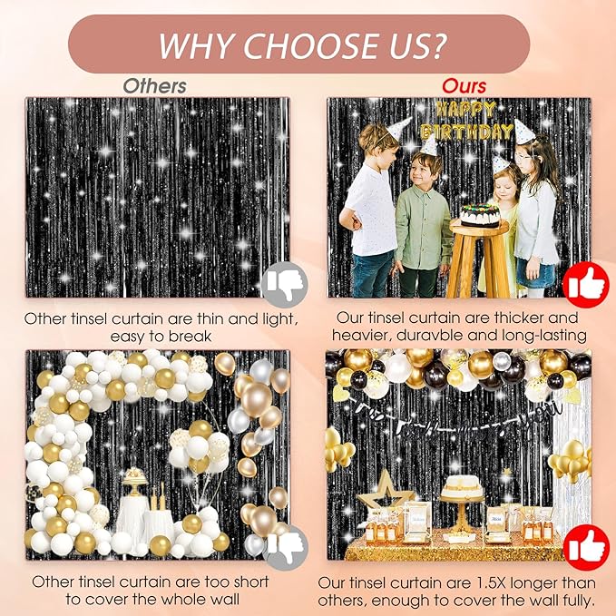 3 Pack Shiny Black Backdrop Party Decorations Tinsel Curtain Party Backdrop Foil Fringe Birthday Decorations Photo Booth Streamer Black Theme Bachelorette Graduation Party Decorations
