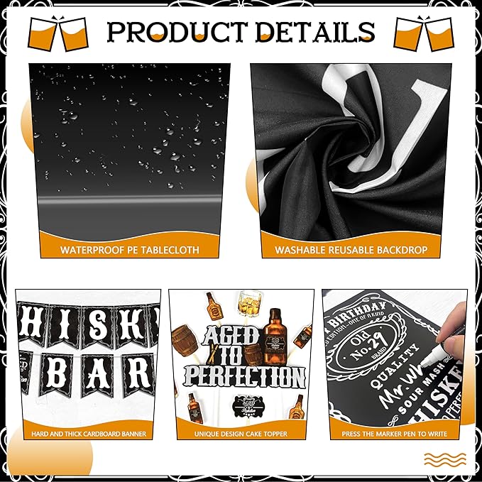 Whiskey Birthday Decorations for Men Aged to Perfection Birthday Party Supplies with Backdrop Tablecloth Whiskey Bar Banner Balloon Garland Poster for Men Adult Beer Party Decor