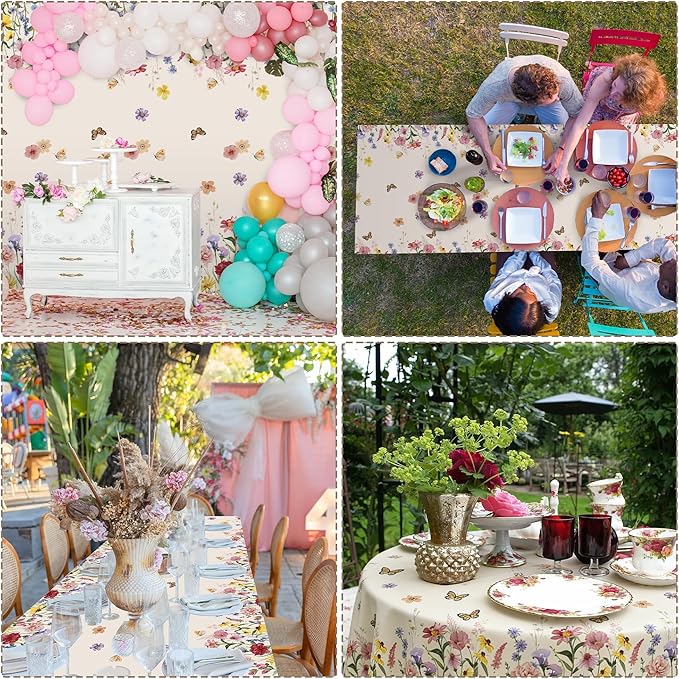 Kochorie Spring Floral Tablecloth Roll 54 Inch x 100 Feet Plastic Flower Tablecloth Roll Wildflower Butterfly Disposable Table Cover for Spring Tea Party Supplies Birthday Wedding Party Decorations