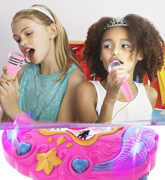 Mozlly Super Star Kids Karaoke Machine with Microphone Stand Playset - Pink Microphone with Stand with Built-in Jack and Speaker for MP3 Player, Singing Toys for Girls and Boys with Music and Light