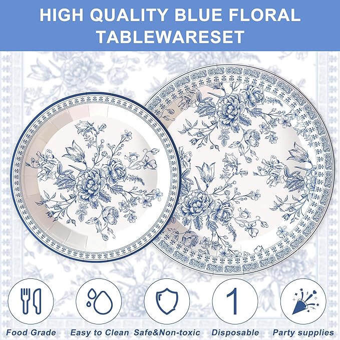 120PCS Blue Floral Plates Party Supplies for Girls Kids Blue Disposable Plates and Napkins Cups Floral Tableware Set Birthday Bridal Wedding Party Decorations