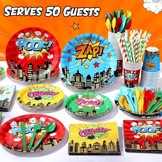 450 Pcs Hero Theme Tableware Set Decorations, Hero Action Themed Disposable Paper Plates Napkins Cups Cutlery Straws for Comic Birthday Baby Shower Party Supplies, Dinnerware Serves 50