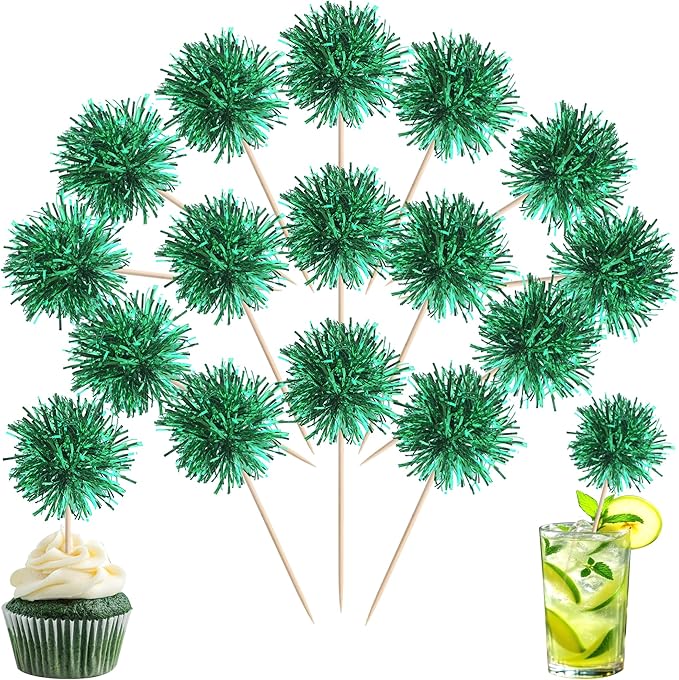 40 PCS Foil Firework Cupcake Toppers Green Sparkler Cupcake Picks Sparkle Tinsel Fireworks Decorations Cocktail Fruit Toothpick for Firework Theme Birthday Wedding Graduation Party Decoration Supplies