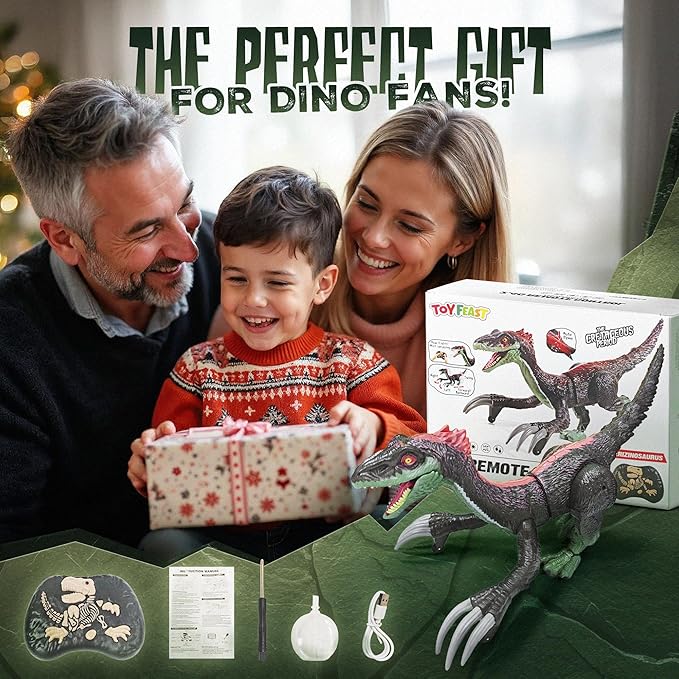 Remote Control Dinosaur Toy for Kids - RC Dinosaur - Walking Velociraptor Toy with Mist Spray, Lights & Roar - Birthday Gift Ideas for Boys and Girls 3-5 5-7 8-12 Year Old