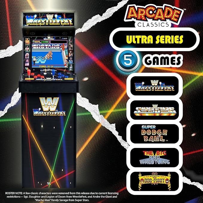 Arcade Classics - WWE Ultra Series Game Machine, 5 Games, 17" Liquid Crystal Screen - Indoor Cabinet, Retro, Gaming Console, Basement Decoration, Man Cave