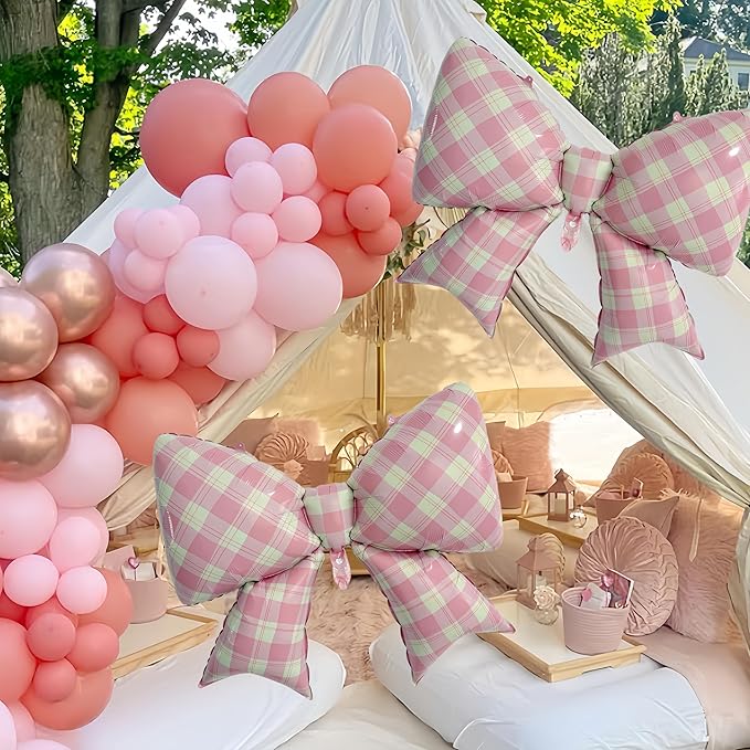 4Pcs Pink Plaid Bow Balloons 38"/Gingham Bowknot Foil Balloons for One Silly Goose Decor for Girl Baby Shower, Picnic, Girly Room & Sweet Party Decorations/coquette Party Supplies