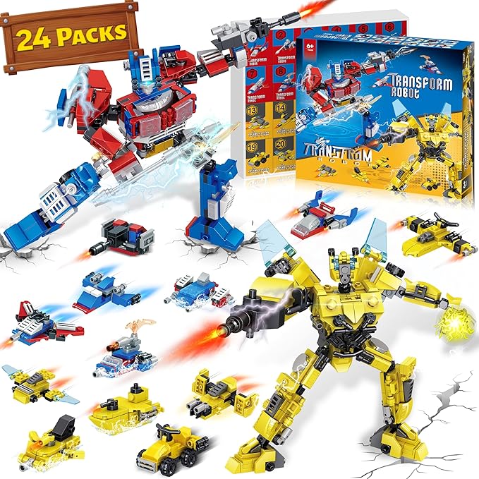 24 Packs Party Favors for Kids - Transform Robot Building Blocks, 12-in-1 Creative Action Mech Toy Building Set for Classroom Prizes Stocking Stuffers, Birthday Valentines Easter Gifts for Boys Girls