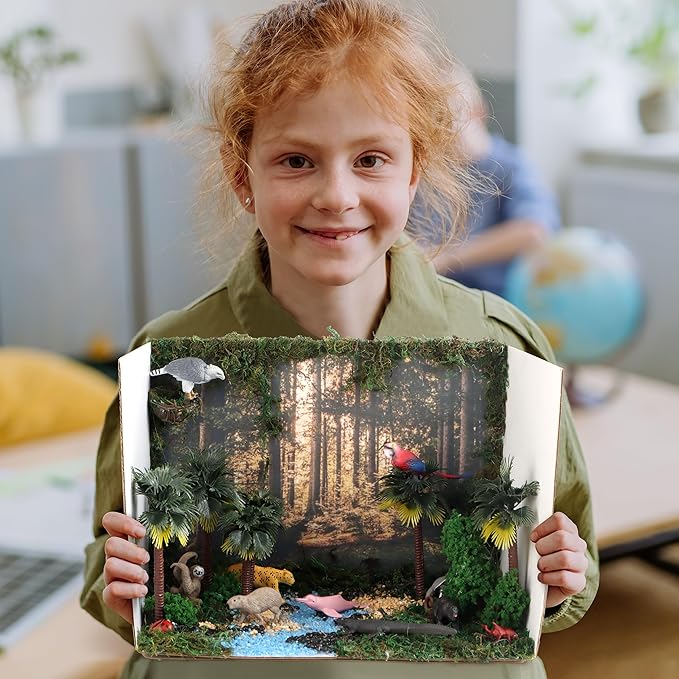 37PCS Rainforest Animals Figures Toys Set, Rainforest Diorama Supplies Include Jungle Animal Figurines,Trees, Moss, Sand, Stones for Kids Historical Education School Project Decoration Birthday
