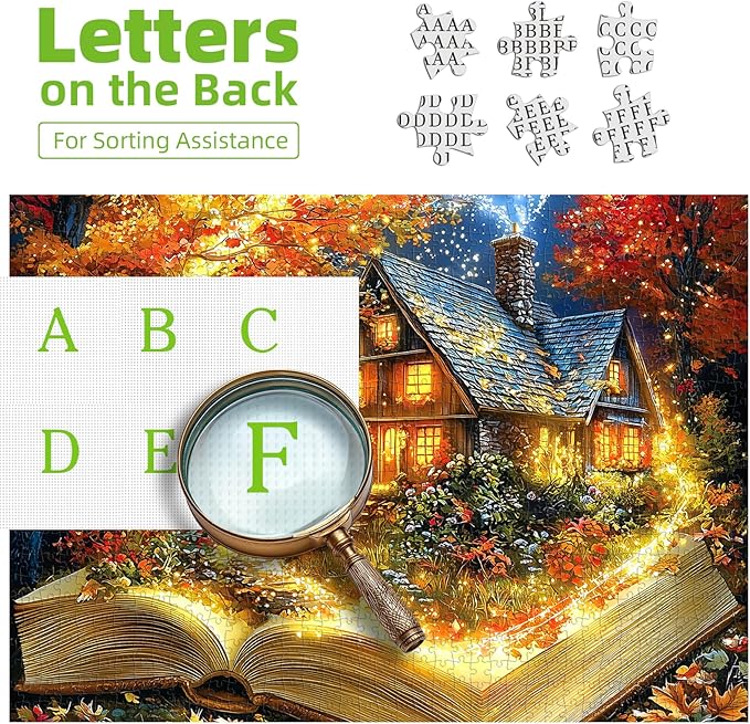 Magical Open Book Autumn Cottage 500 Piece Jigsaw Puzzle for Adults, Fantasy Fall Cabin Glowing Tree Jigsaw Puzzle, Gift for Book & Autumn Lovers 20x20 Inches