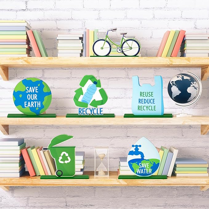 6Pcs Earth Day Cute Tiered Tray Decoration Centerpieces, Environmental Protection Wood Sign Recycle Save Water Table Topper Decor Happy Earth Day Supplies for School Home Office Desk Shelf