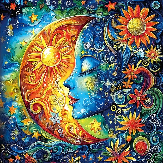 Moon Sun Face Art Jigsaw Puzzle 500 Pieces for Adults Beautiful Flower Fantasy Puzzle with Letters on Back Perfect Family Challenge & Game Night Ideal for Adults Seniors (20x20 Inch)