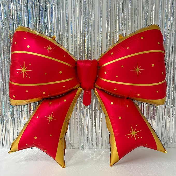38 Inch Red Gold Foil Bow Balloon – Large Mylar Bowknot Balloon for Birthday, Wedding, Grand Opening, Valentine’s Day, Christmas Party Decorations – Oversized Elegant Metallic Decor