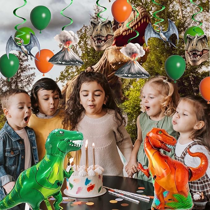 Happy Birthday Decorations For Women Men,Birthday Backdrop,Banner Balloons,Table Cloth,Paper pom poms Party Supplies for Girls Boys (Dinosaur)