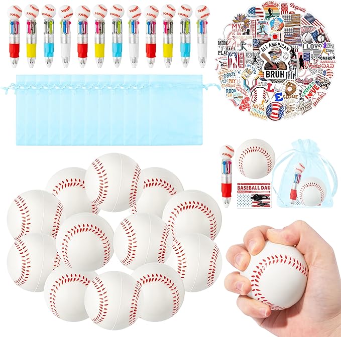 CY2SIDE 12 Pack Baseball Squeeze Toy Party Favor Gift Set with Ballpoint Pen Sticker and Organza Bag 2.5’’ Baseball Foam Stress Ball Classroom Prize for Kid Sport Lover Birthday Goodies Bag Stuffer