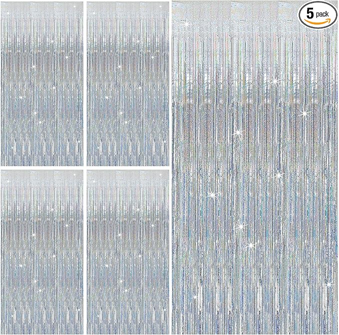5 Pack Silver Glitter Streamers Party Decorations Tinsel Foil Fringe Curtains Christmas Birthday Bachelorette Party Wedding Decor Supplies