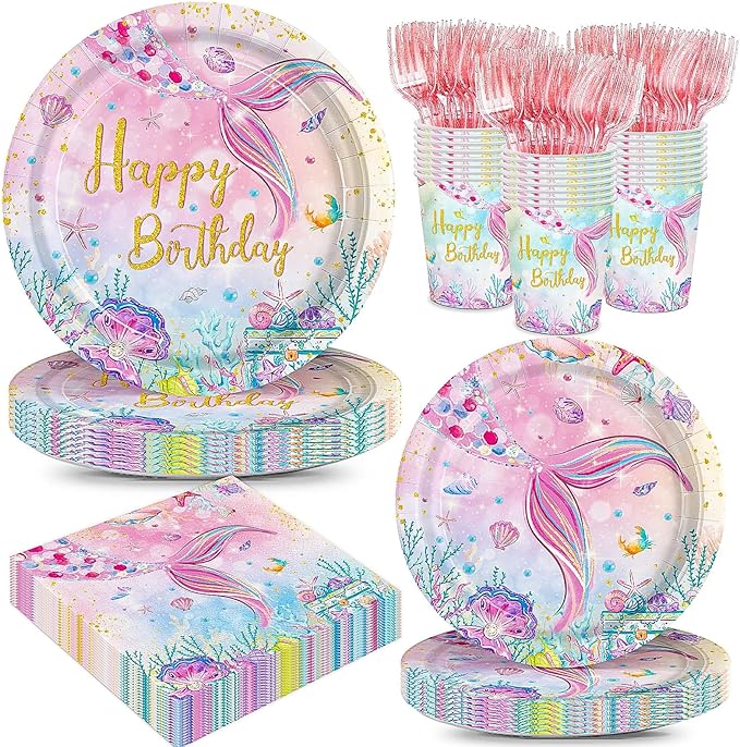 120Pcs Mermaid Birthday Party Plates Under the Sea Ocean Paper Disposable Tableware Set for Girls Kids Birthday Party Decorations Serve 24